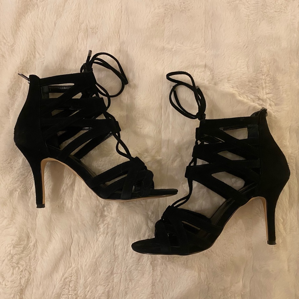 WHBM Black Suede Heeled Gladiator Sandals 6.5